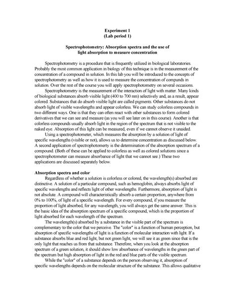 Lab report- Spectrophotometry example - Experiment 1 (Lab period 1 ...