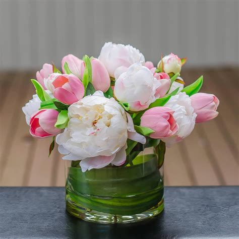 Silk White Peony & Real Touch Pink Tulip Arrangement – Flovery