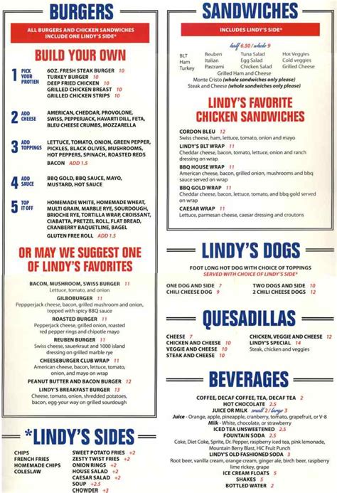 Lindy's Diner Menu, Keene, NH