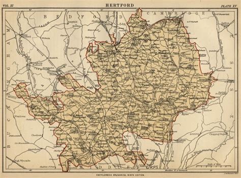 Hertford County England: Detailed 1889 Map showing Towns; Cities ...