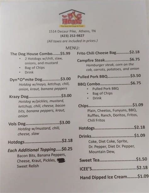 Menu at The Dog House restaurant, Athens, Decatur Pike