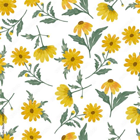 yellow daisy flower watercolor pattern seamless design hand drawing ...