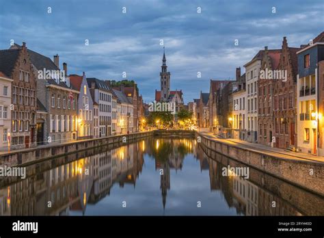 Bruges Belgium, night city skyline at Spiegelrei Canal view from King's ...