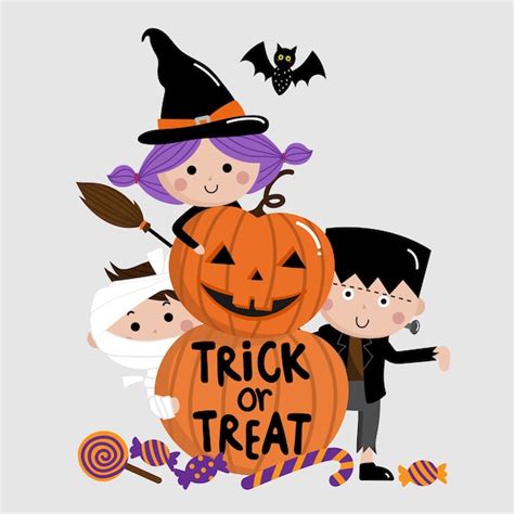 Premium Vector | Halloween, trick or treat, kids and pumpkin