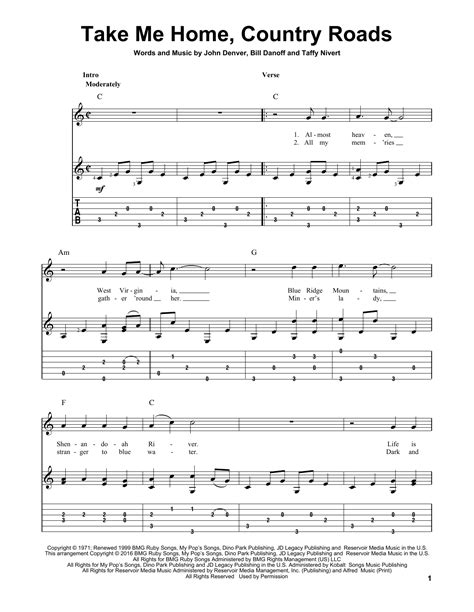 Take Me Home, Country Roads Sheet Music John Denver Banjo Tab ...