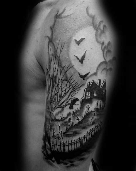 60 Scary Haunted House Tattoo Designs for Men