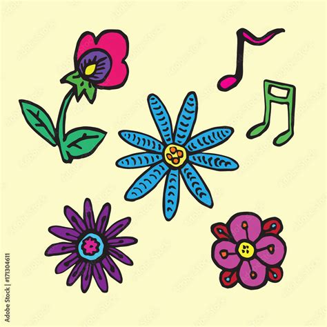 Flowers and music notes collection, hand drawn doodle, sketch in naïve ...