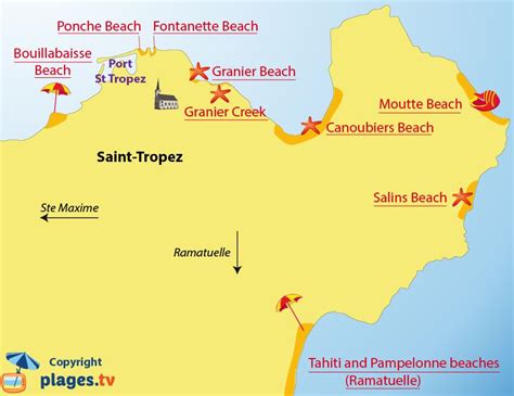 Map of the different beaches in Saint Tropez (France) St. Tropez, Saint ...