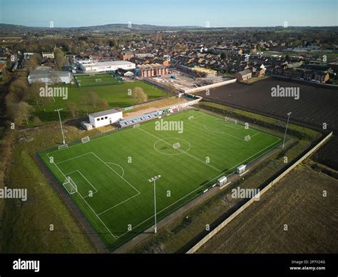 Aerial views of non-league Burscough Football Club, Lancashire, UK on a ...