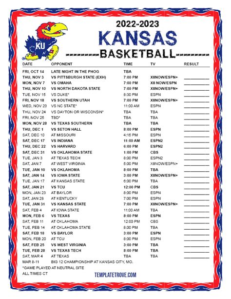 Printable 2022-2023 Kansas Jayhawks Basketball Schedule