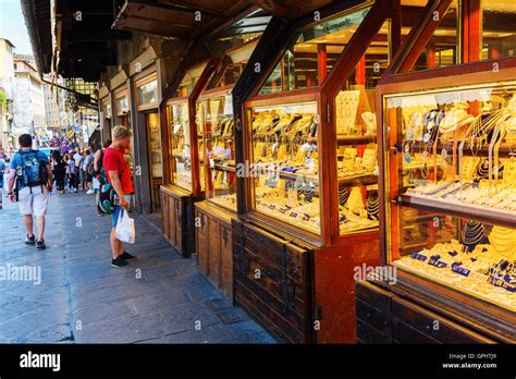 jewelry shops on the medieval Ponte Vecchio in Florence, Italy Stock ...