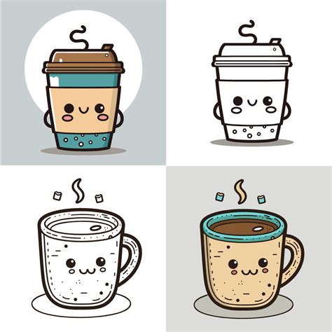 Coffee Cup Logo, Cute Coffee Cup Cartoon line art colorful Vector ...