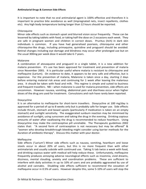 Travel Clinic - Antimalarial drugs and side effects