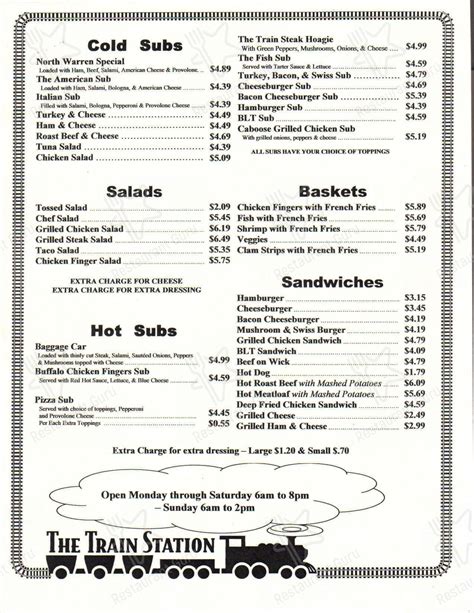 Menu at Train Station restaurant, Warren