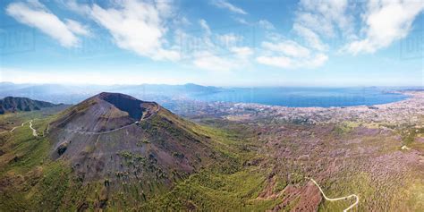 Angled aerial view of Mount Vesuvius volcano, Naples, Campania, Italy ...