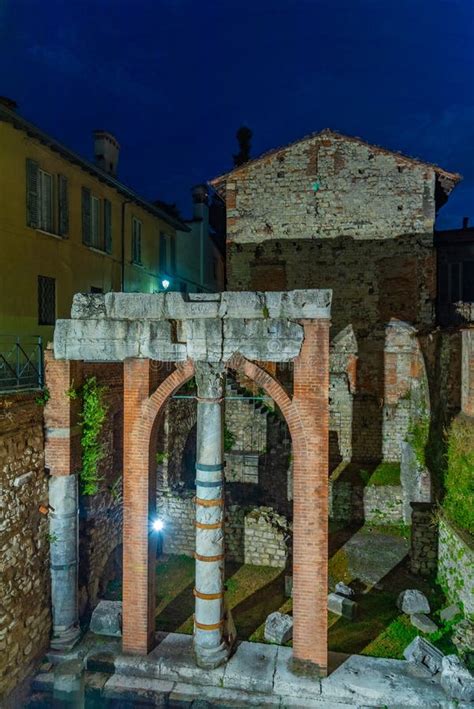 Night View of Roman Ruins in the Center of Brescia, Italy Stock Image ...