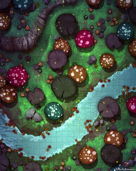 Wilderness Giant Mushroom Forest hills river battlemap grid med Dnd ...