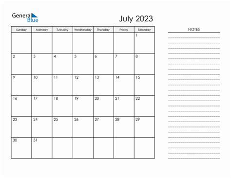 Printable Monthly Calendar with Notes - July 2023