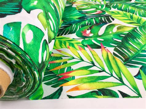 Linen Look Green Palm Leaves Tropical Leaf Fabric Material For Home ...