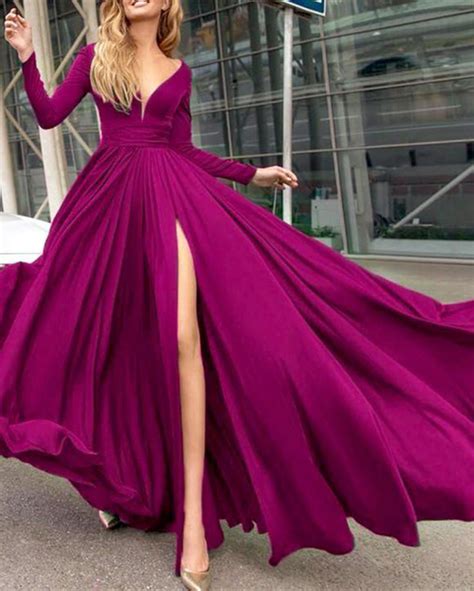 Long Sleeves Fuchsia Pink Evening Dresses Women Party Gown wilt Long S ...