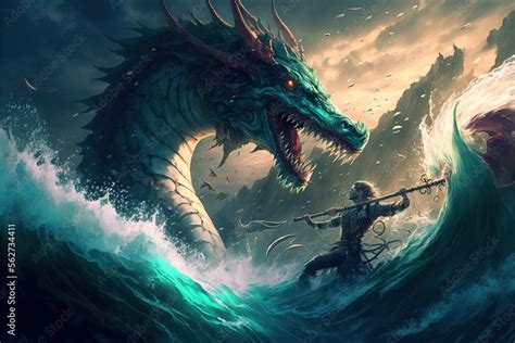 Fighting the sea dragon, digital art style, illustration painting Stock ...