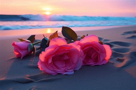 Premium Photo | Roses on the sand of a beach at sunset with the sun ...