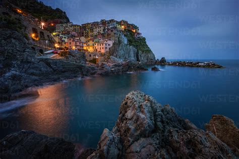 Aerial view of Manarola during the night, Italy stock photo