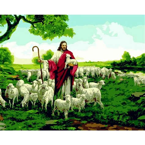 HAOCHU Jesus Christ and Sheeps Religion Oil Painting DIY Digital ...