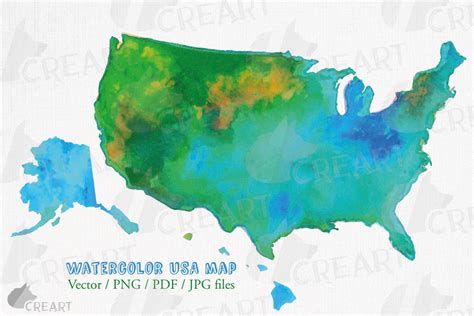 Watercolor United States Map Clipart, Green and Blue Colors USA Wall ...