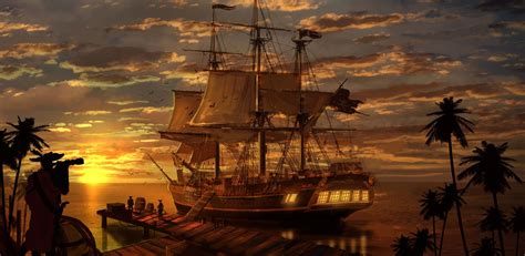 Fantasy Ship Dock Loading Departure Pirate Ship Pirate Pier Sunset Palm ...