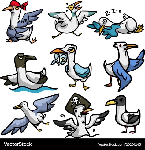 Set cute and funny seagull character Royalty Free Vector