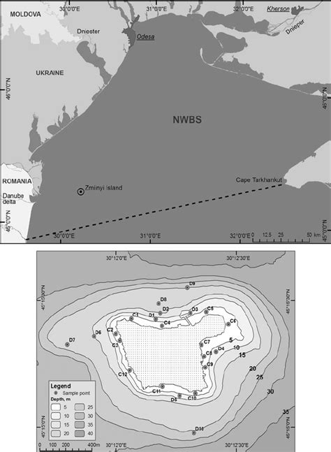 Geographical location of Zmiinyi Island and sampling sites in its ...