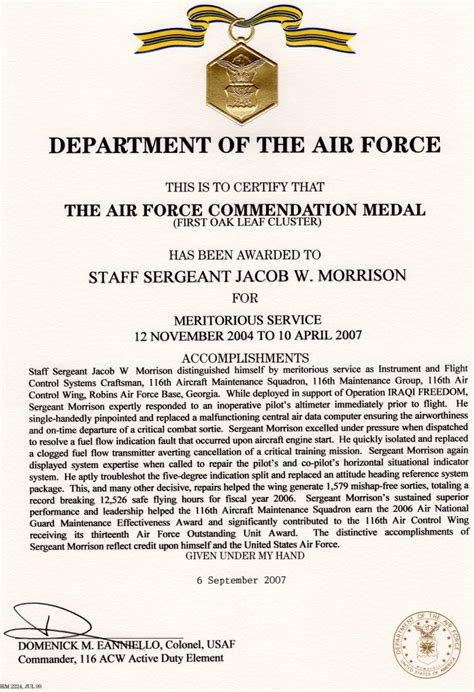 Awarded the Air Force Commendation Medal – First Oak Leaf Cluster ...