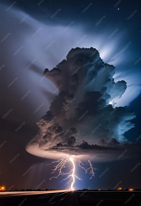 Premium AI Image | A lightning strike is shown above a cloud.