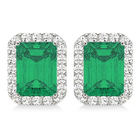 Emerald Cut Emerald & Diamond Halo Earrings 14k White Gold 2.10ct - NG11208