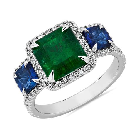 Square Cut Emerald and Blue Sapphire Three-Stone Ring in 18k White Gold ...