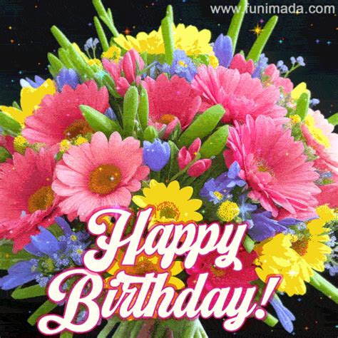 A beautiful bouquet of spring flowers and the words 'Happy Birthday' on ...