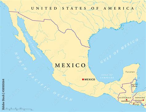 Mexico political map with capital Mexico City, national borders, rivers ...