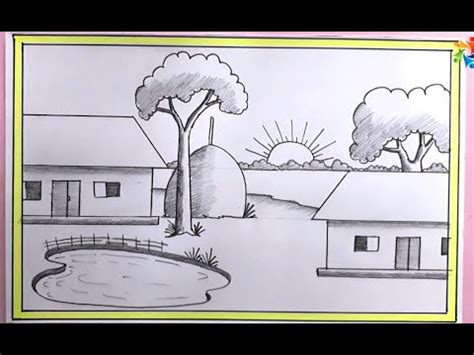 Pencil Drawing Of Village Scene For Kids