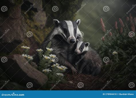 Badger with Cub in Natural Habitat. Generative AI Stock Photo - Image ...