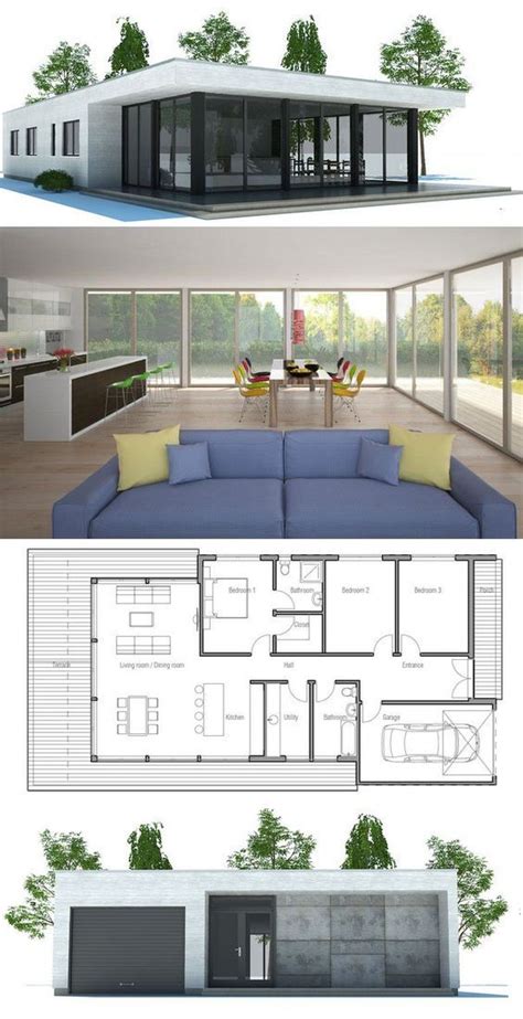 the floor plan for a modern house is shown in two separate sections ...