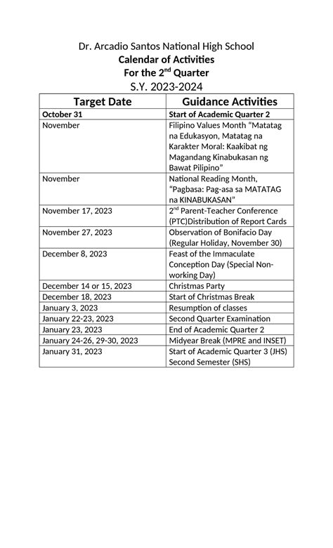 School Calendar For the 2nd Quarter - Dr. Arcadio Santos National High ...