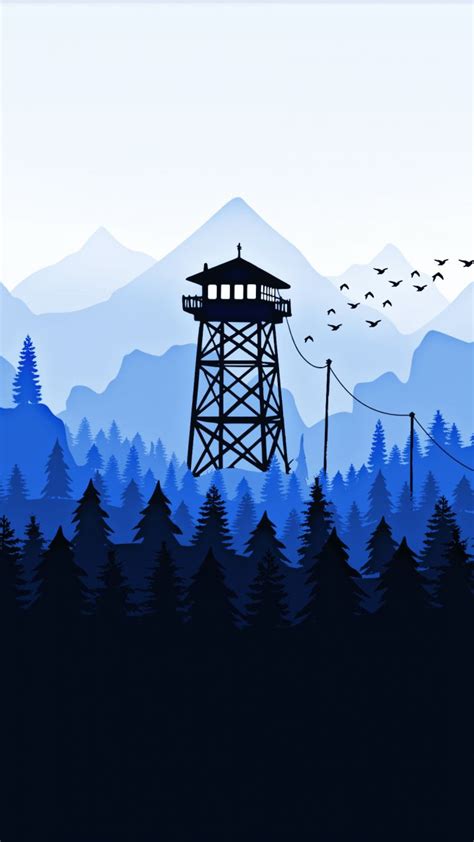 a tower in the middle of a forest with birds flying over it and trees below