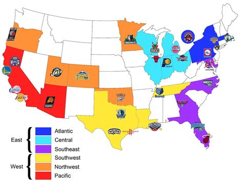 Map of all the NBA teams organised by conference and geographical ...