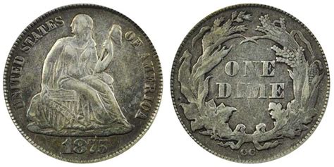 1875 CC Seated Liberty Dimes Mint Mark Under Bow: Value and Prices