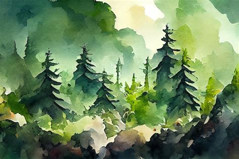 Premium Photo | Background of pine forest in the mountain watercolor ...