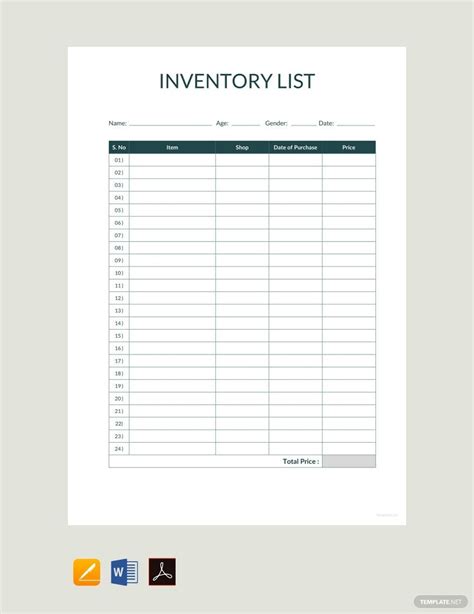 Inventory List Excel Template