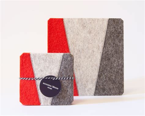 Set of felt coasters - grey and orange - square coasters - made in Italy