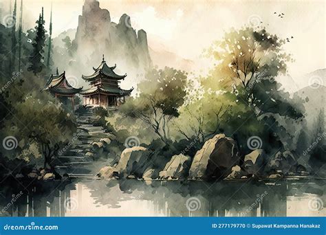 Chinese Ink Landscape Painting Stock Illustration - Illustration of ...