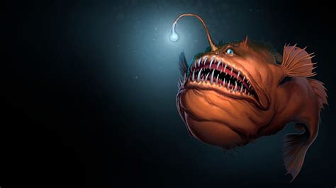 Angler Fish On Background Of Dark Blue Water Realistic Illustration Art ...